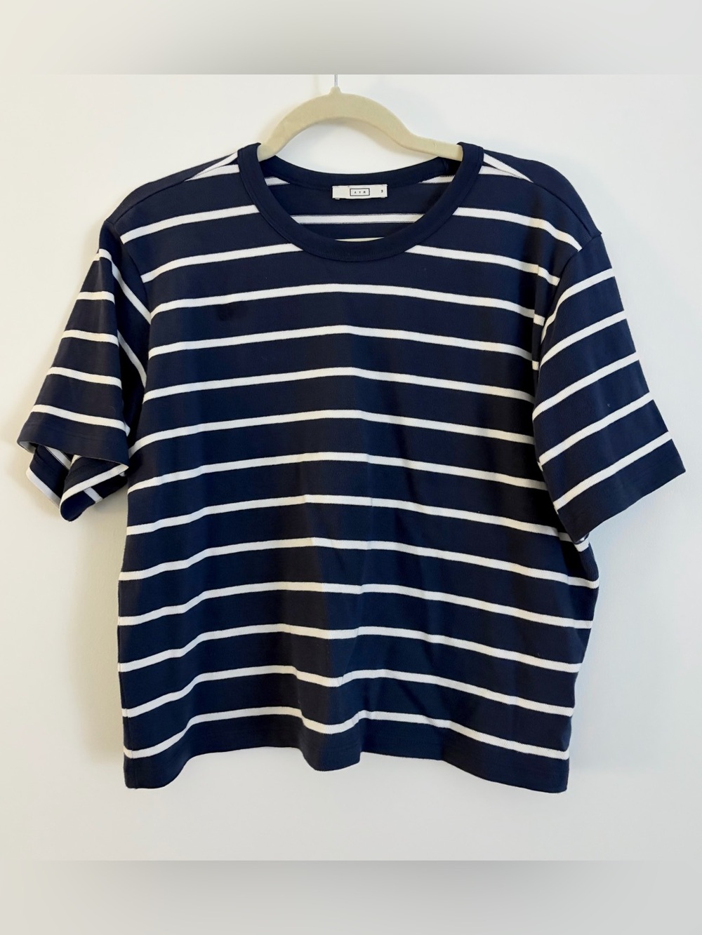 AYR the Practice Tee in dime knit, navy stripe M